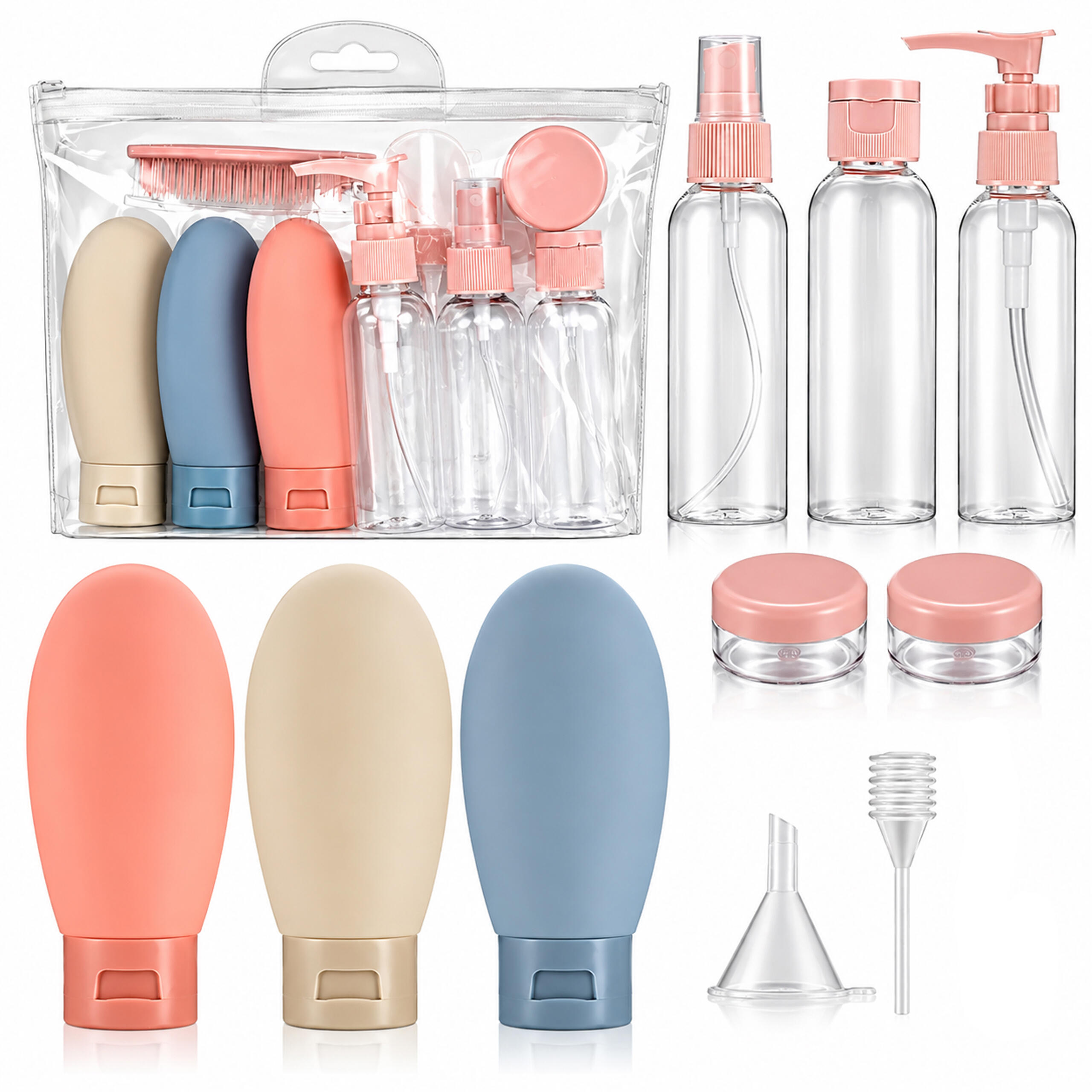 Set de recipiente pentru cosmetice de călătorie, 12 piese, cu borsetă transparentă Engros — Îngrijire Personală & Sănătate en gros