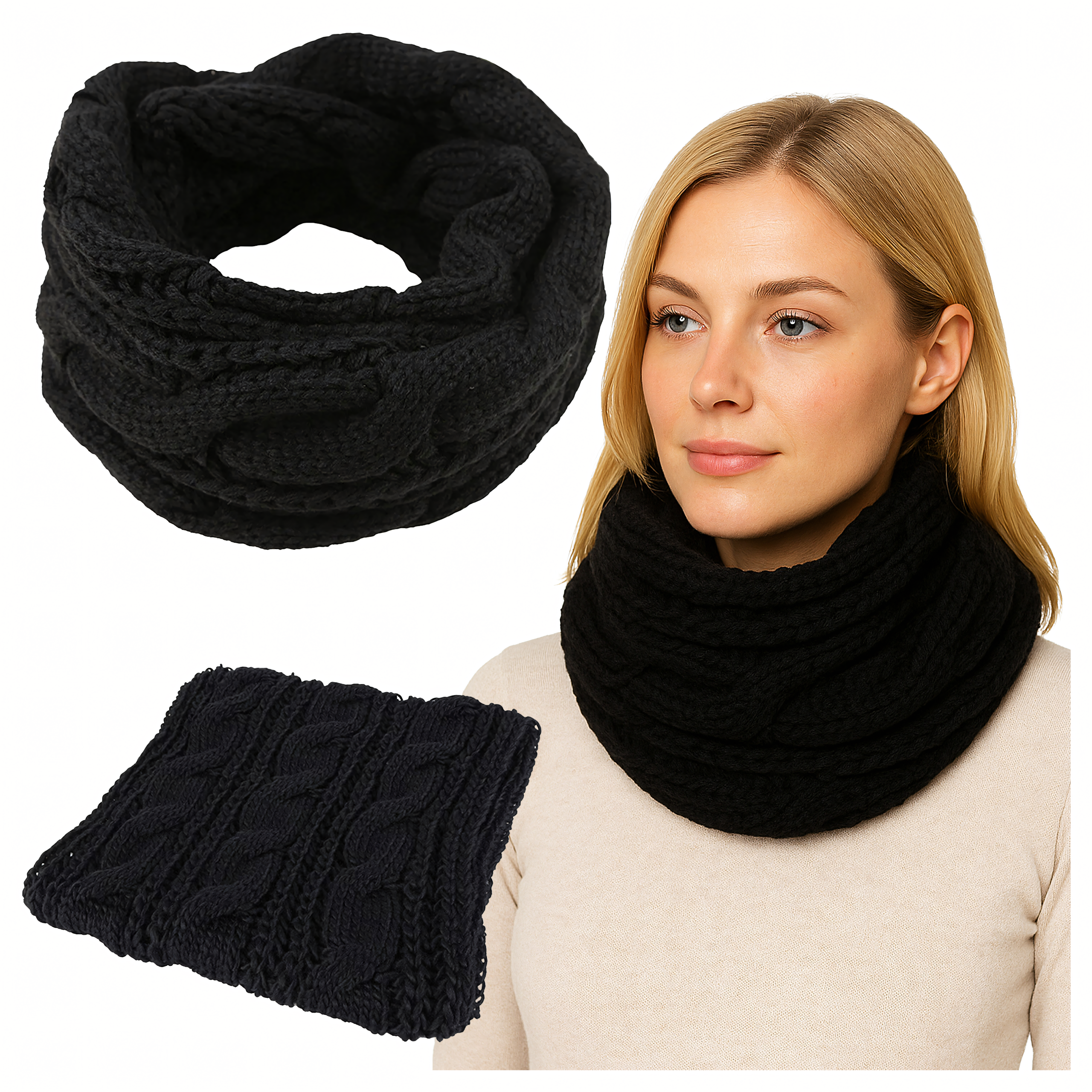 Set de 6 fulare tubulare de damă, mari, negre, cu strat dublu, pentru iarnă Engros — Articole Sezoniere & Festive en gros