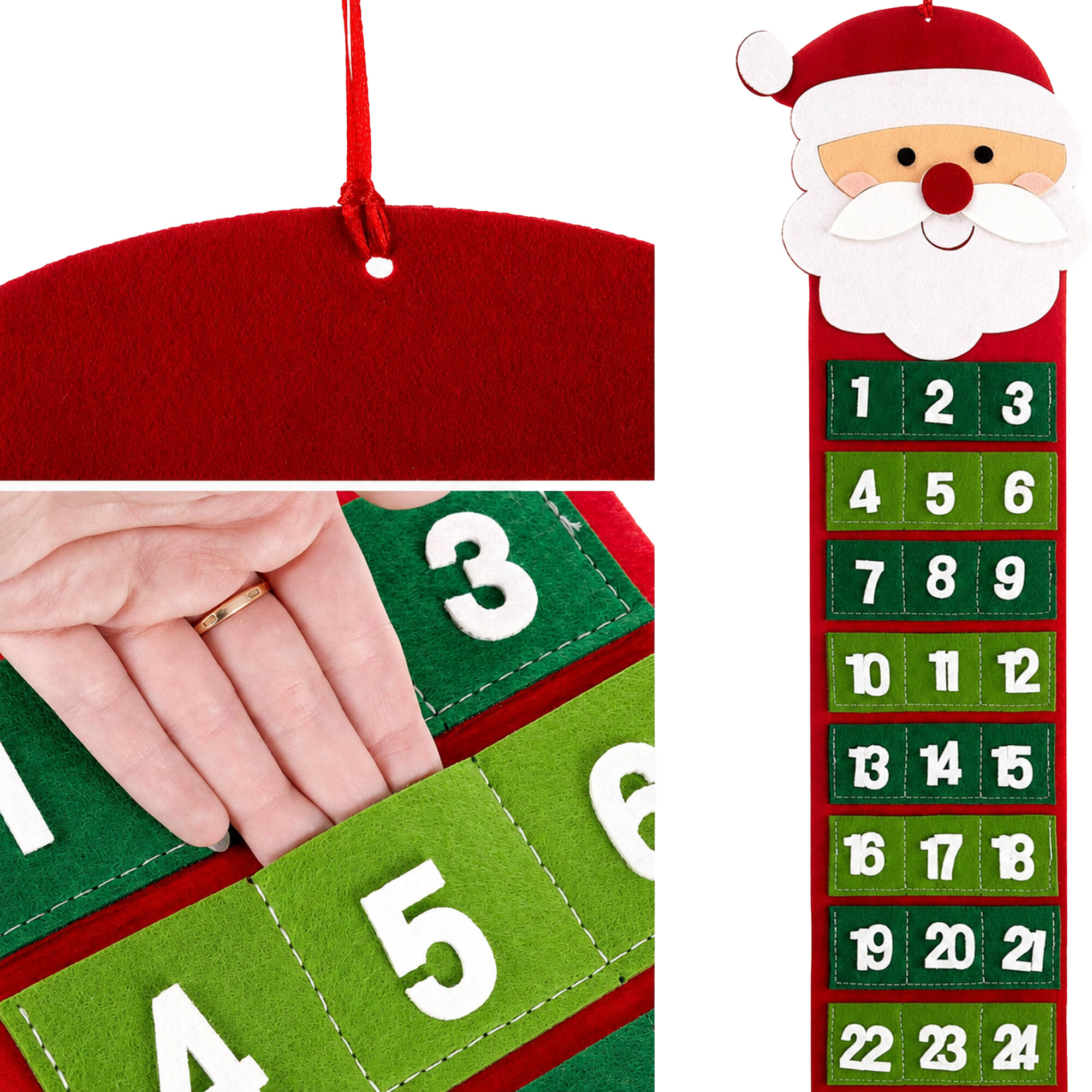 Calendar de Advent suspendat, Moș Crăciun din fetru, 24 compartimente, 65 cm Engros — Articole Sezoniere & Festive en gros