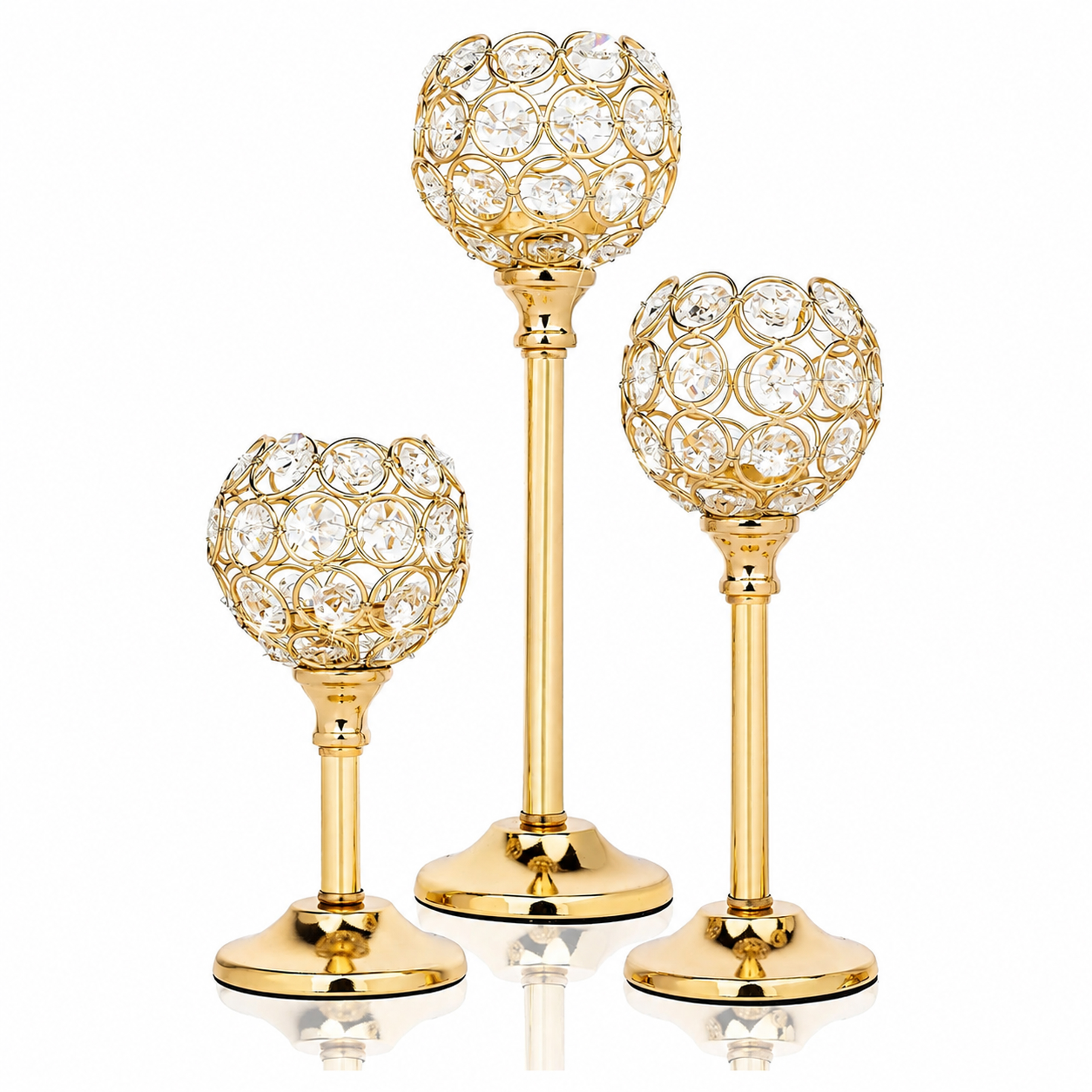 Set 3 sfeșnice decorative elegante, aurii, cu cristal Engros — Articole Sezoniere & Festive en gros