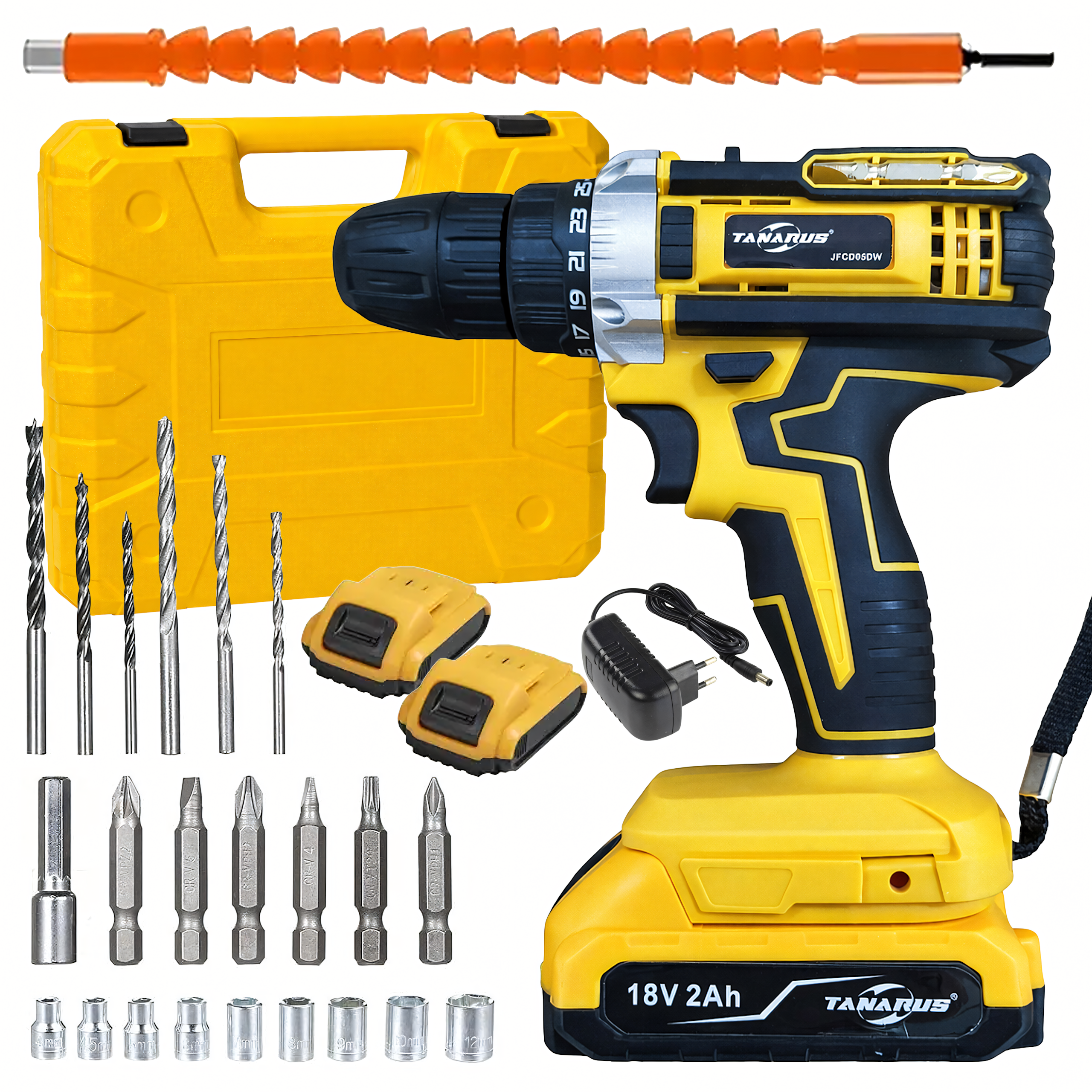 Mașină de găurit și înșurubat cu LED, 18V, 2 acumulatori 2Ah, valiză și accesorii Engros — Scule & Bricolaj en gros