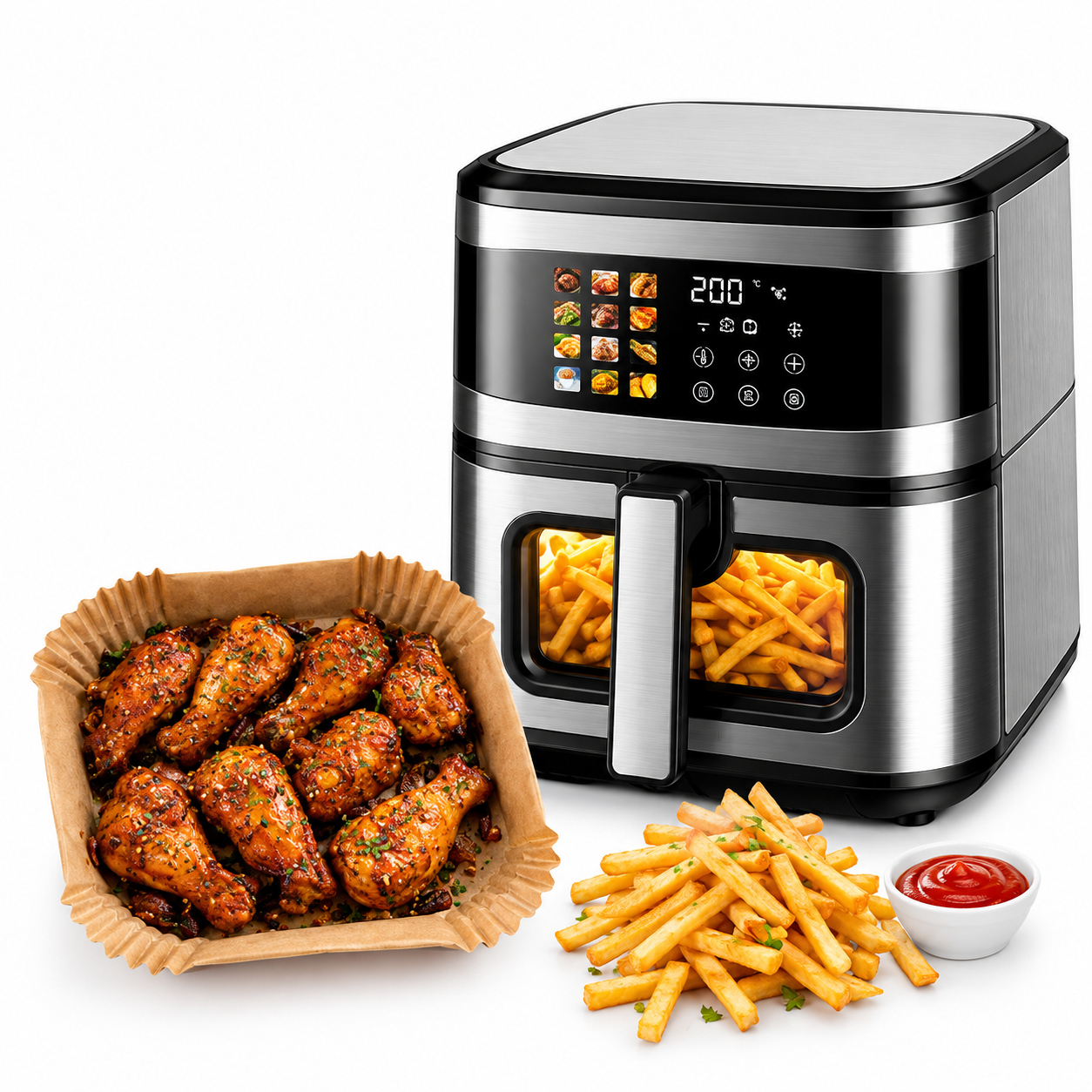 Lot de 30 de friteuze cu aer cald Air Fryer, 8 l, 1700 W, 12 programe + 3000 × forme din hârtie, 16 × 16 cm Engros — Electronice & Gadgeturi en gros