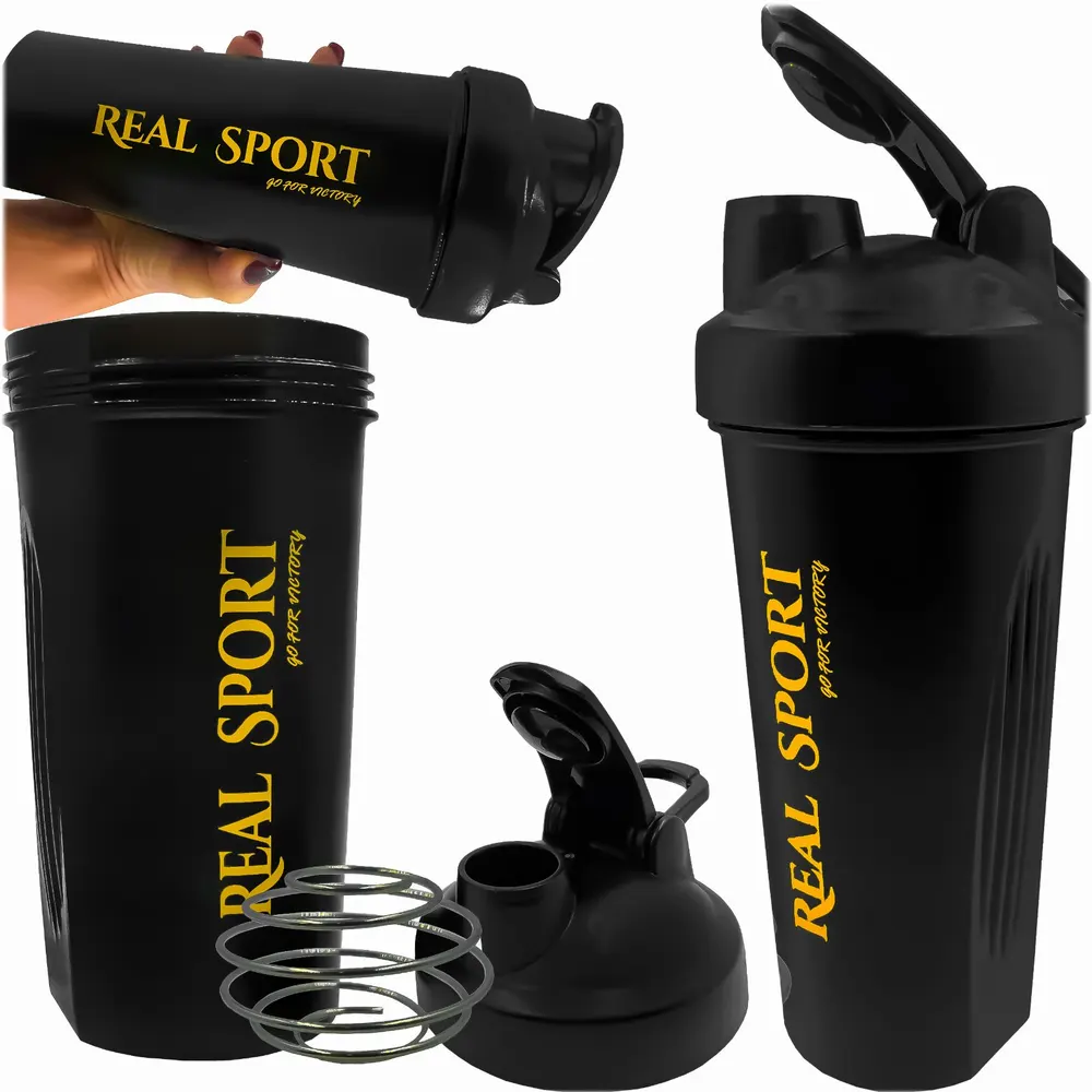 Shaker etanș REAL SPORT, cu bilă de amestecare tip arc, negru, 600 ml Engros